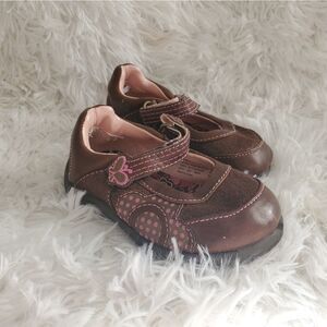 EUC Baby Girl's Size 5 Brown, Gold Glitter, and Pink Polka Dot and Flower Flats